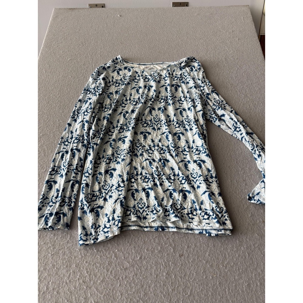 Chico's Shirt Womens 3 Blue White Floral Print Long Sleeve Stretch Ultimate Tee
